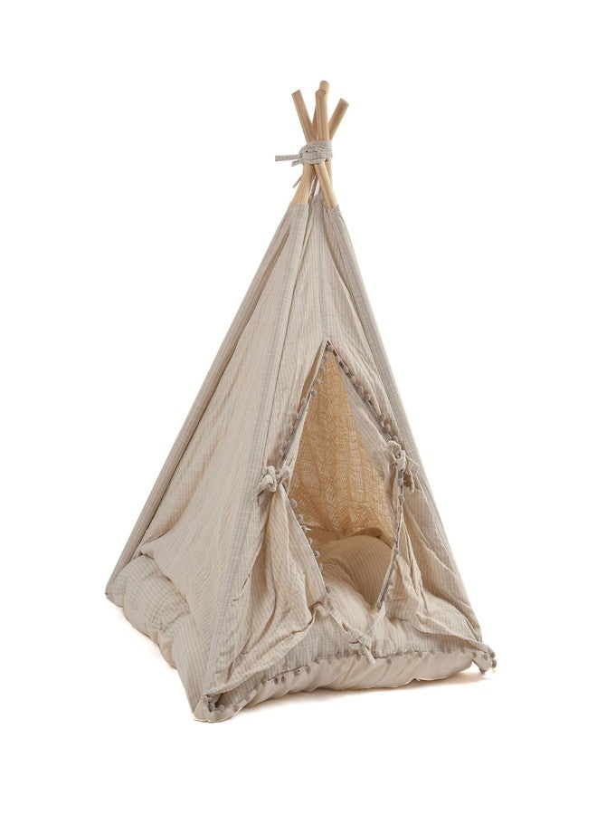 DECOVIA Dog & Cat Teepee Tent with Soft Cushion Bed - Cute Indoor Pet House for Small Dogs & Cats | Durable Wooden Frame & Breathable Cotton Fabric | (Size_28x28x31 Inches) (Beige) - Image 5